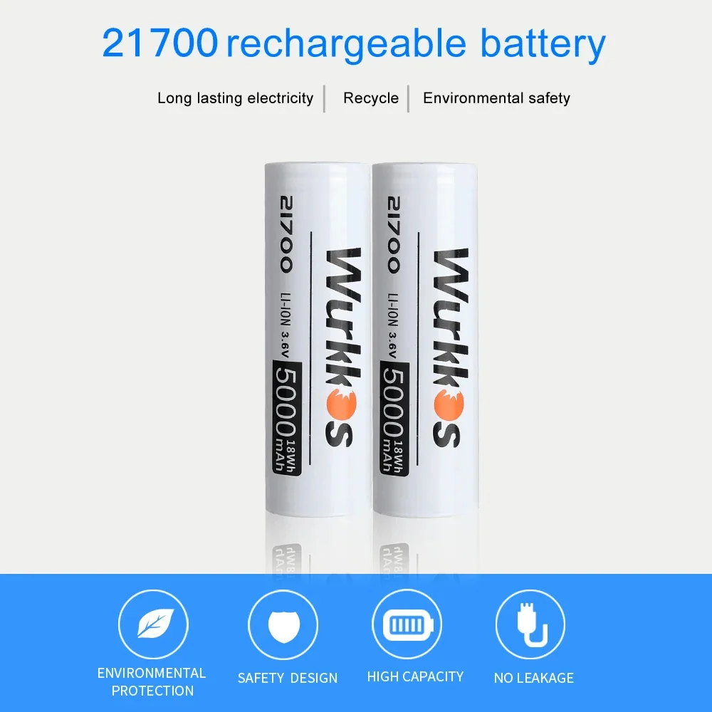 Wurkkos 3.7V 21700 Battery 5000mAh Rechargeable Power Batteries 3C Discharge 21700 HD Cell Lithium Battery Put in Flashlight