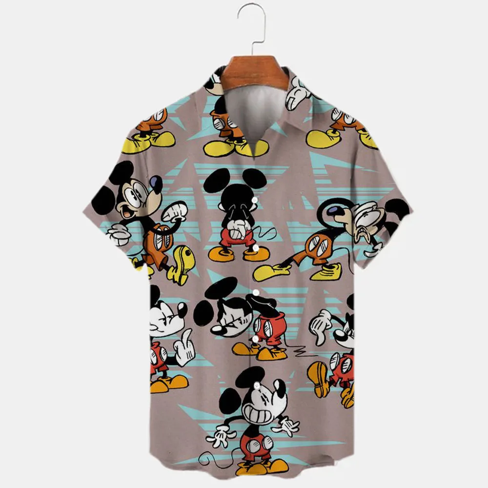 New Summer 2024 Disney Stitch And Mickey Brand Cartoon Casual 3D Printed Short Sleeve Lapel Shirt Slim Fit Men's Top