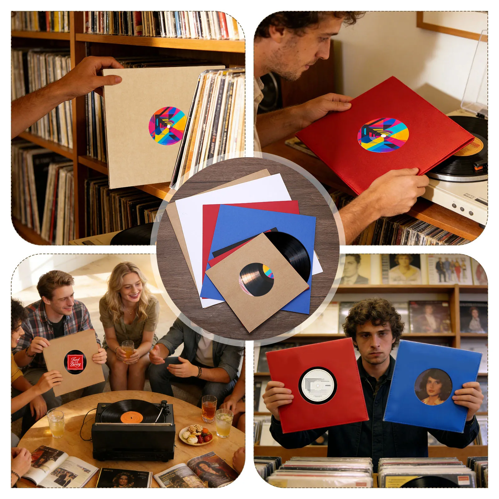 10/20 szt. Wewnętrzne papierowe okładki na płyty winylowe, antystatyczne, z papieru kraft, z otworem na środku i poliestrową podszewką, do albumów. — zdjęcie produktu 6