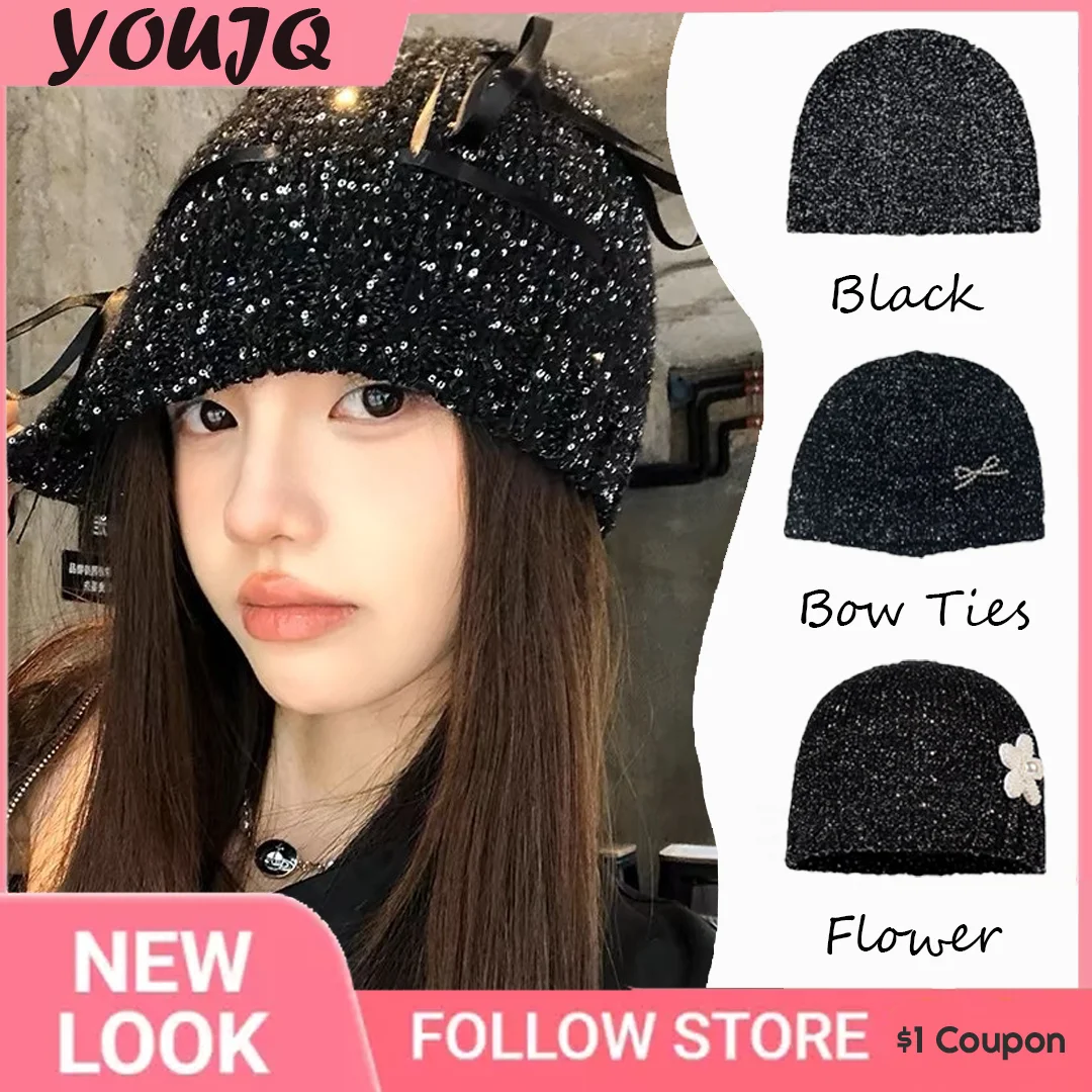 

Chic and Fashionable Wool Cap with Shimmering Details, Pearl Butterfly Knot, for Girls