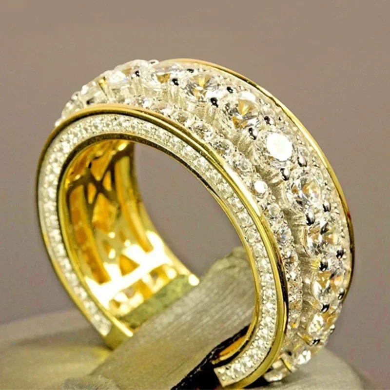 

14 k Gold color Gold Full Diamond Round Ring for Women Men Wedding Engagement Party Accessories Gift Jewelry Rings 2021 Trend