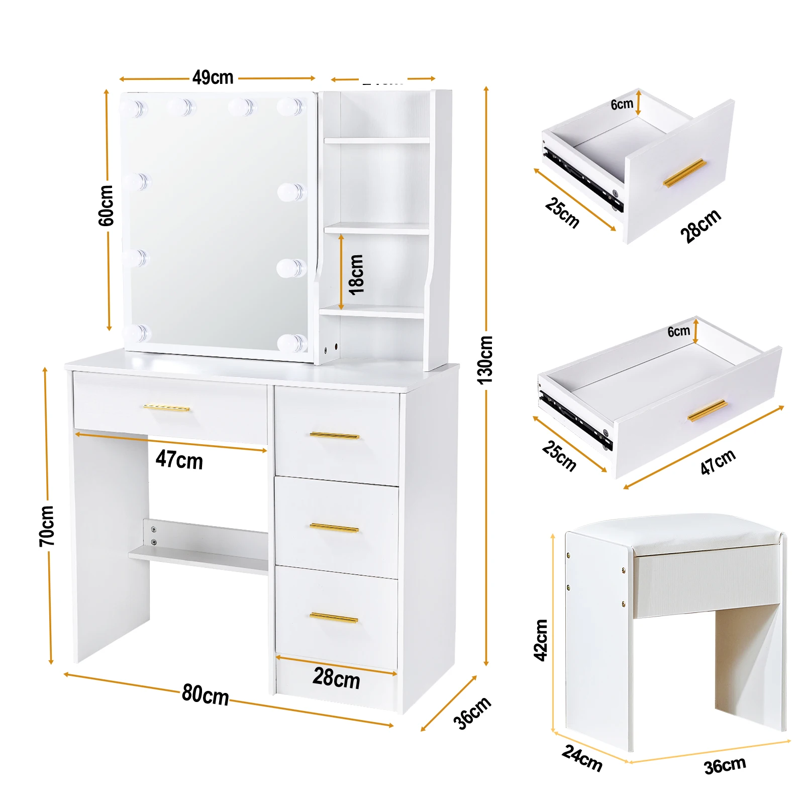 【صفقات 11.11، عروض الجمعة السوداء 2025】مقعد طاولة مع مرآة و10 لمبات إضاءة LED ومكتب مكياج