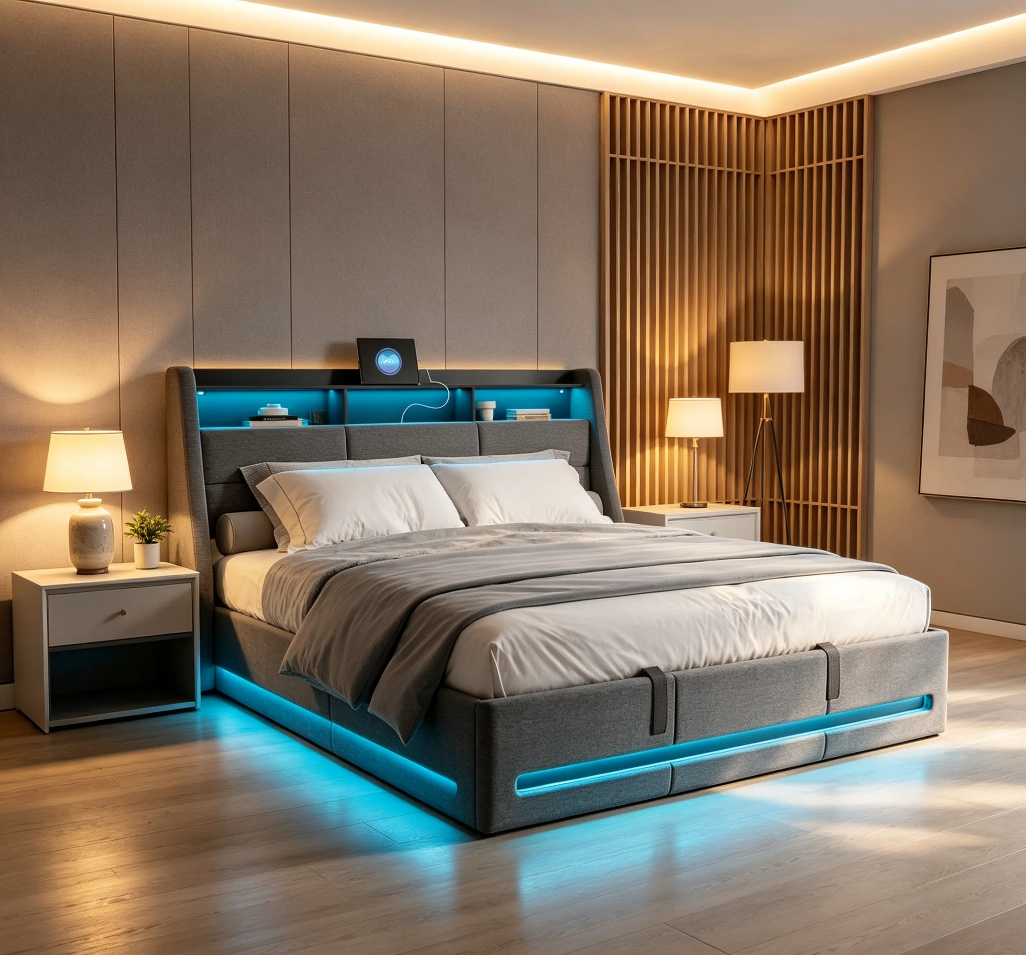 Letto imbottito Fangange, 140/160x200, letto matrimoniale con vano contenitore e struttura a dischi, testiera con luci a LED e presa USB, 140x190 cm, colore grigio, rivestimento in lino, senza