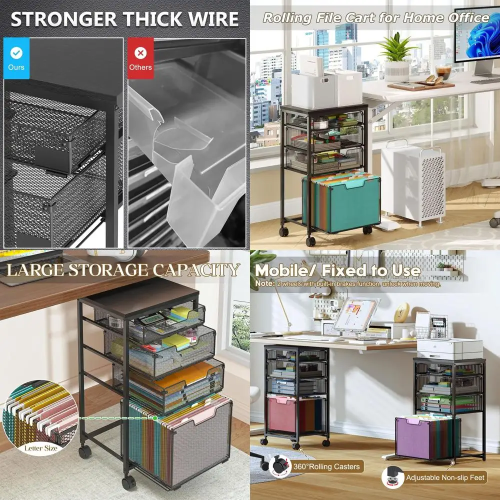 

4-Drawer Rolling File Cart, Home Office Filing Cabinet with Hanging Folder Organizer, Under Desk Utility Cart, Printer Stand, Bl