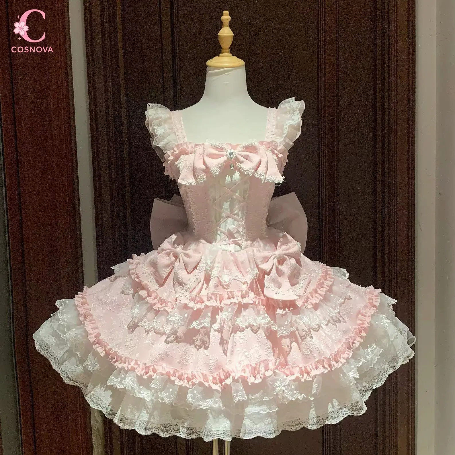 

Lolita Sweet Kawaii Lace Ruffle Puff Sleeve Corset Women Dresses Bow Design Layered Lace Big Bow Dress Princess Party Daily Chic