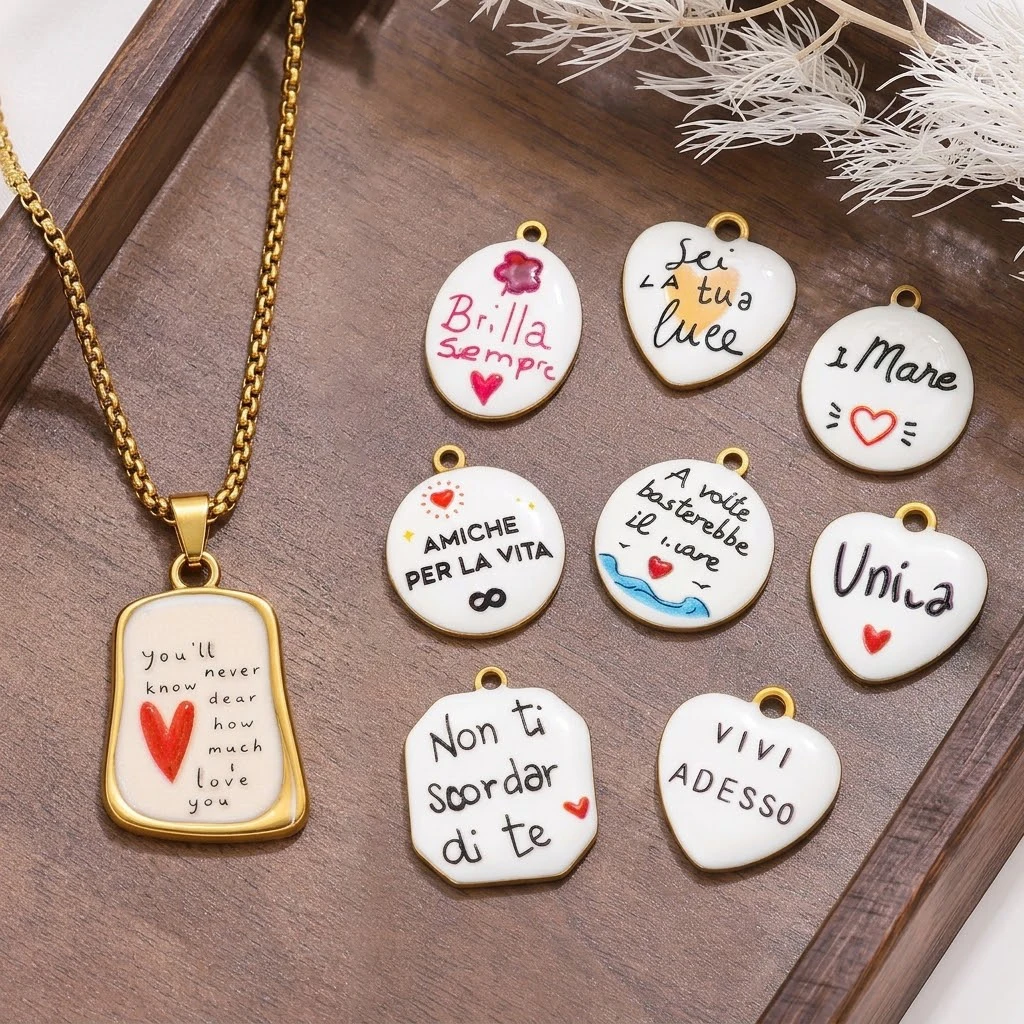 2 Stück Edelstahl-Anhänger mit italienischen Schriftzügen und Herzform für DIY-Schmuckherstellung, Material für Ohrringe, Halsketten, Armbänder – Detail 1