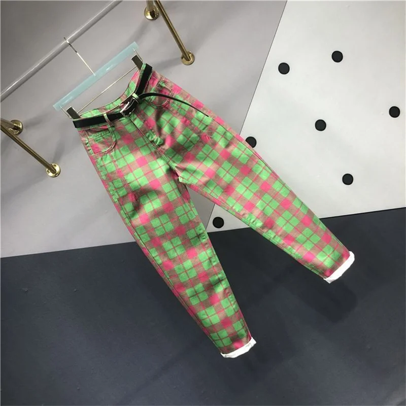 Square Joker High Waist Slim Radish Harem Pants 2024 Spring And Autumn New Green Irregular Printing And Dyeing Jeans Women