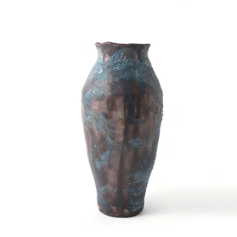 New Chinese retro handmade ceramic vase, wabi sandy wind hotel model room exhibition hall TV cabinet ornament soft flower device