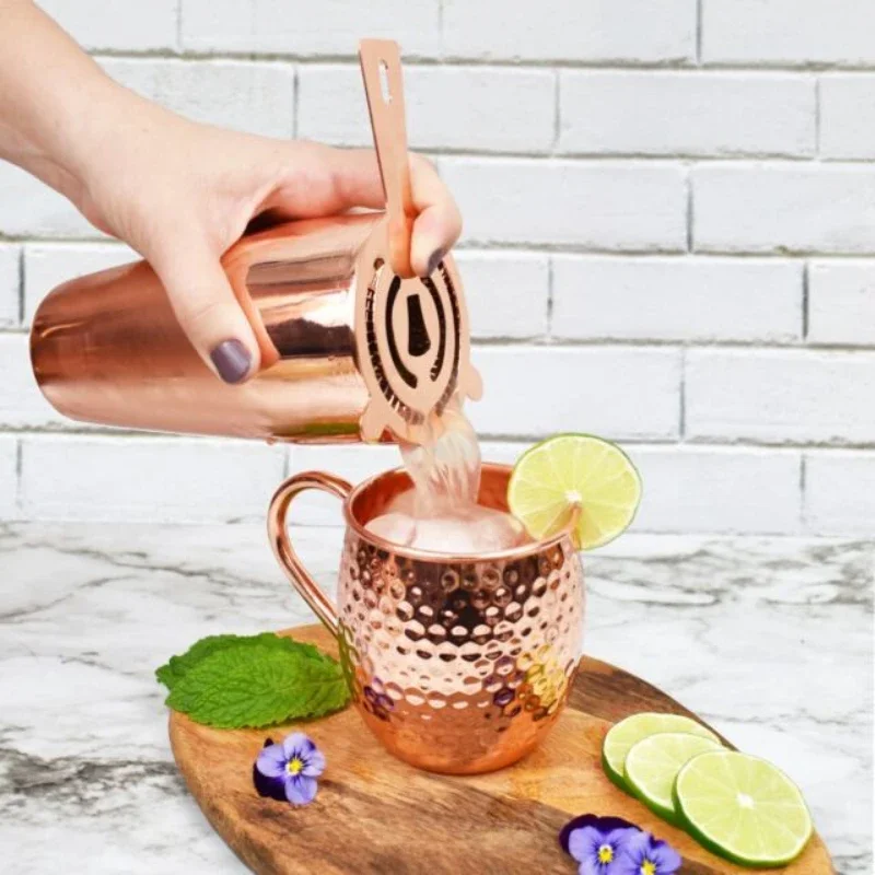 Luxury Design Copper Polished Barware Tools Set with Wooden Stand Cocktail Shaker Metal Bar Set Ideal for Home and Restaurant