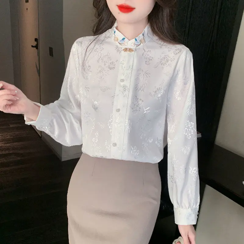 Women\'s 2024 Spring Autumn New Chinese Style Embroidered Long Sleeve Blouses Fashion Stand Collar Printed Single-breasted Shirts