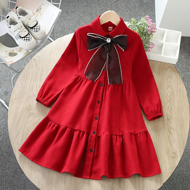 

2024 autumn retro bow with crystal New Girls princess Dress Cotton Teenager Casual layered cloth Baby Clothes Toddler 12 year