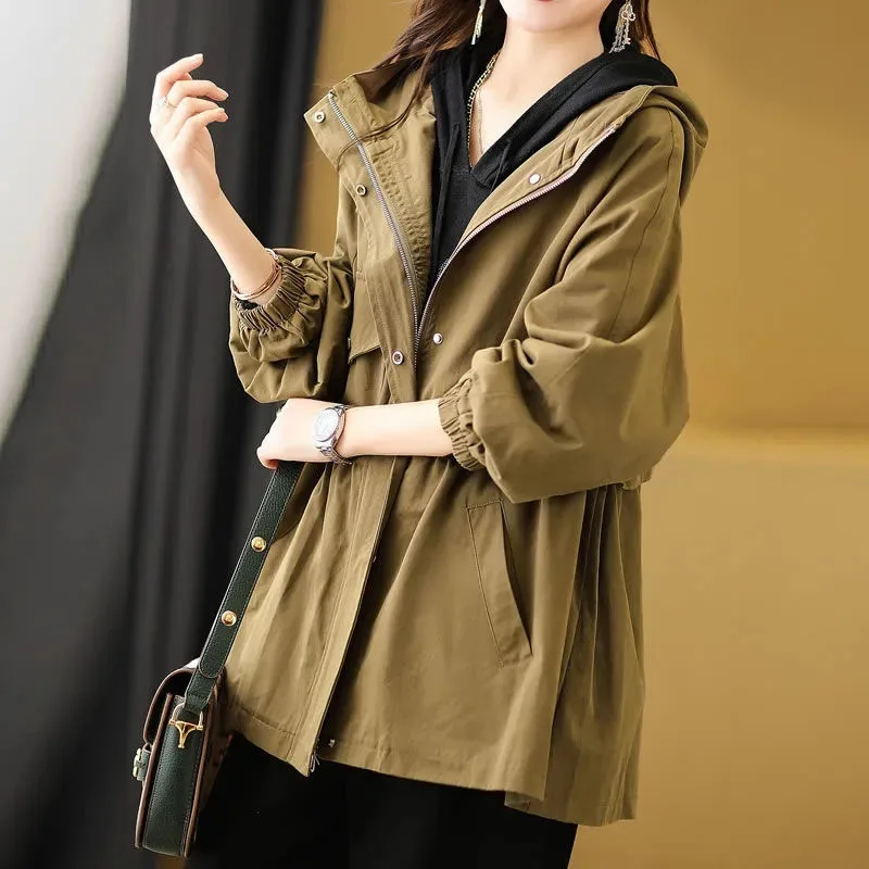 Women Mid Length Version Windbreaker Jacket Korean Ladies Hooded Trench Tops Coat Femal Large Size 4XL Drawstring Lined Outwear