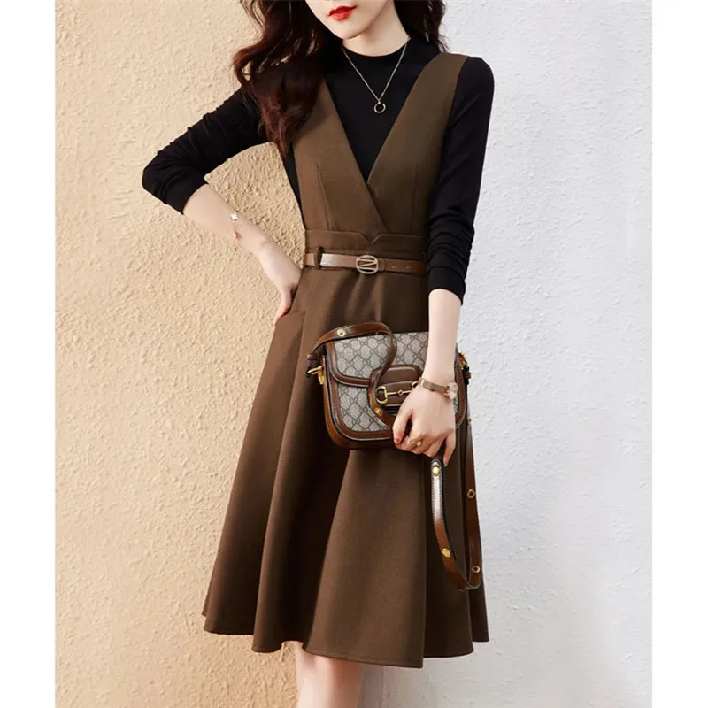 

Korean Ladies Strap Maxi Dress Spring Autumn Femme Splicing Together Long Dresses 2PCS Women Long Sleeves Two Piece Set Vestidos