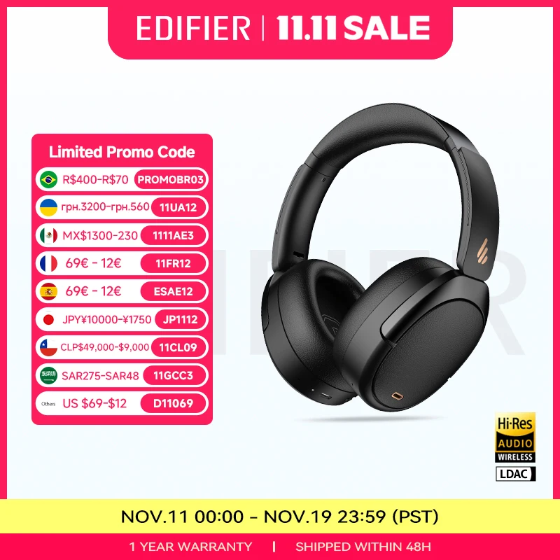 Edifier-Casque sans fil  suppression active du bruit, casque Bluetooth 5.3, haute rsolution, 55 heures de lecture, 4 microphones, WH950NB