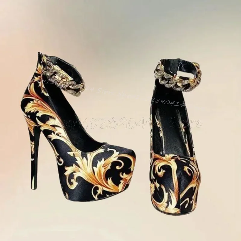Totem Print Crystal Chain Round Toe Platform Pumps Back Zipper Women Shoes Thin High Heels Sexy Banquet 2026 Zapatos Para Mujere