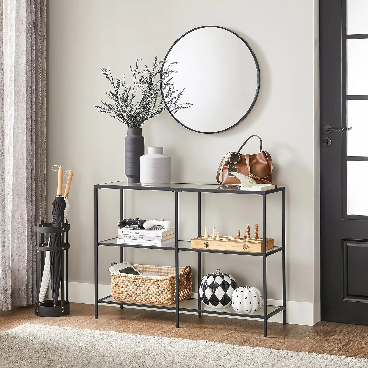 

39.4 Inch Console Table with 3 Shelves, Sofa Tables, Modern Entryway Table, Metal Frame,Classic Black and Transparent ULGT027B01
