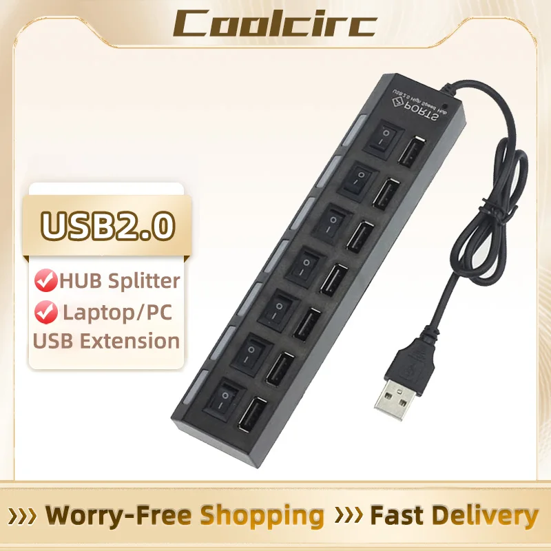 Coolcirc Switch Extension Hub 7-port USB2.0 Hub Computer USB Extension Hub One Drag Seven USB2.0 Splitter PC Laptop Desktop