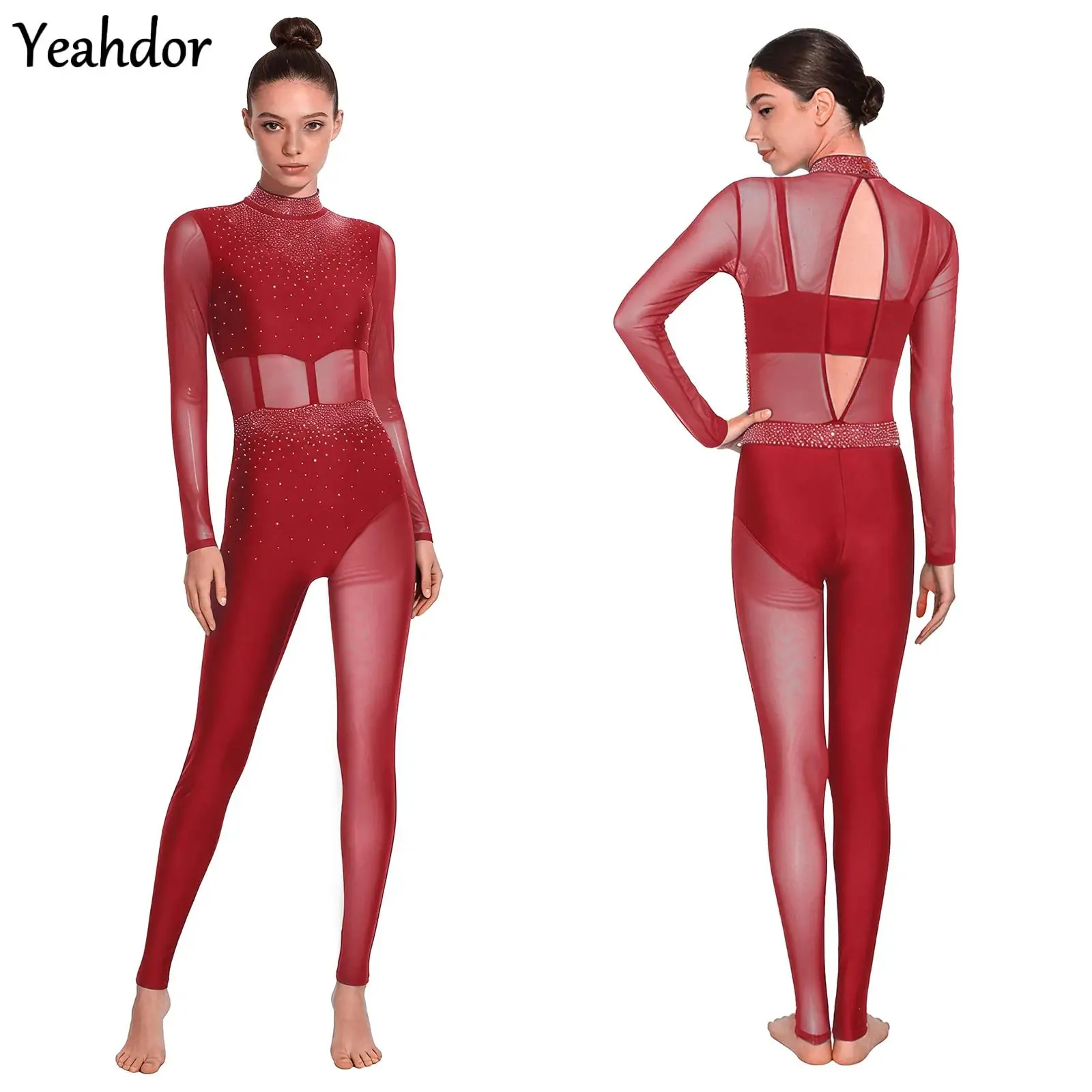 

Women Gymnastics Unitard Bodysuit Rhinestone Sheer Mesh Patchwork Cutout Back Full Body Suit Jumpsuit Figure Skating Performance