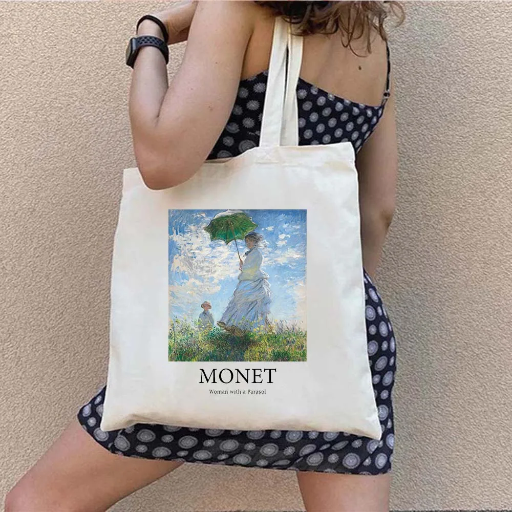 Mulheres ombro lona sacola claude monet nenúfares pinturas de paisagem harajuku compras menina bolsas shopper sacos de algodão