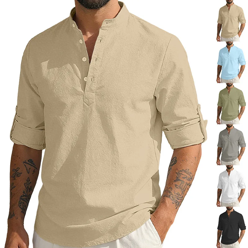 

Men's Pure Color Stand Collar Long Sleeve Cotton Linen Shirt Casual Large Size Fashionable Leisure Shirt Male Business Style