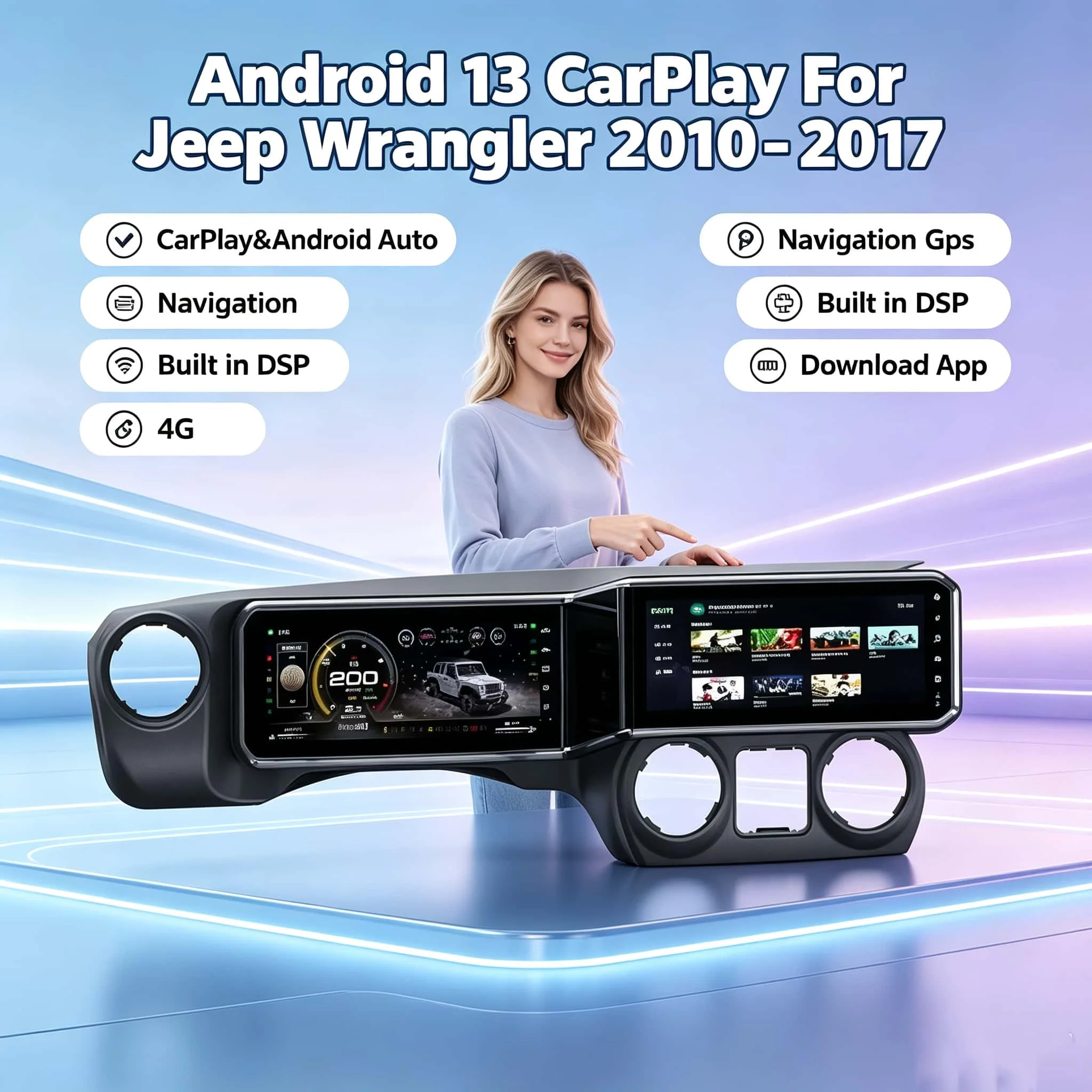 Car Media Android 13 CarPlay For Jeep Wrangler 2010-2017 Stereo Head unit Qualcomm HD Dual 12.3 Inch Screen Car GPS Navigation