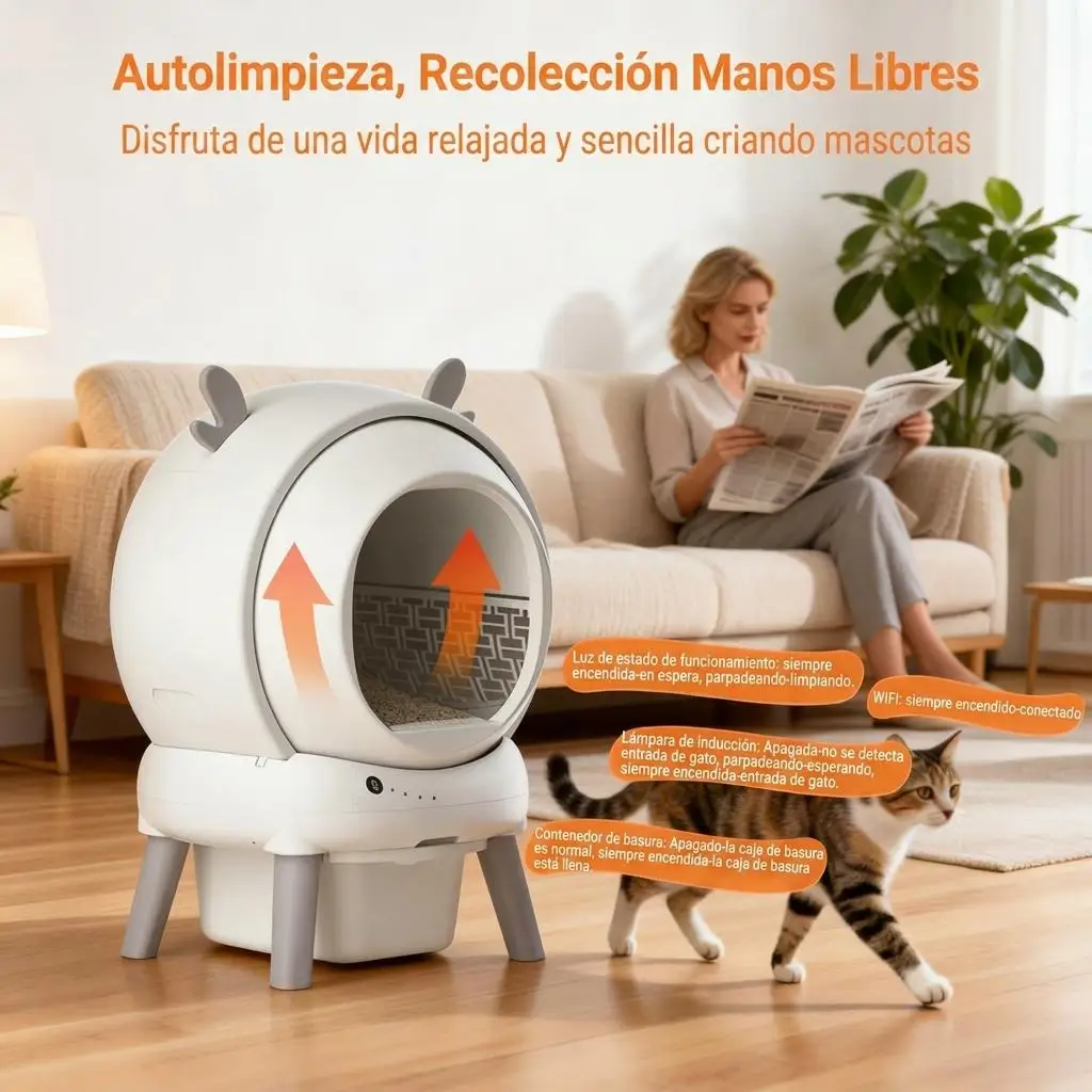 Caja de arena inteligente con autolimpieza para gatos, 65L, con aplicación, sensores de seguridad antipinzamiento, neutralización de olores y diseño a prueba de fugas, inodoro automático para varios gatos de hasta 11 kg, incluye bolsas de basura.