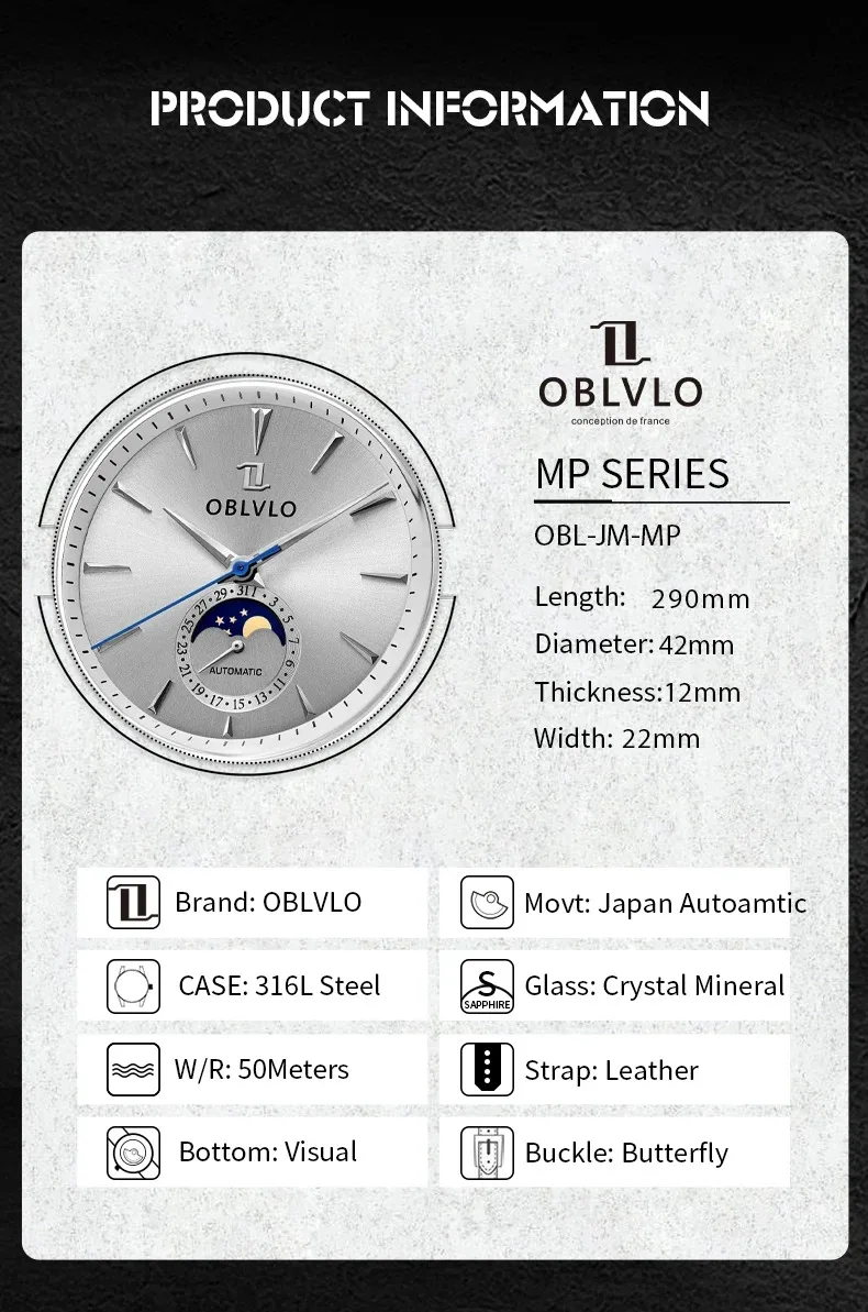 OBLVLO ساعة أوتوماتيكية للرجال 42 ملم Moonphase ساعة يد ميكانيكية 5ATM حزام جلدي مقاوم للماء