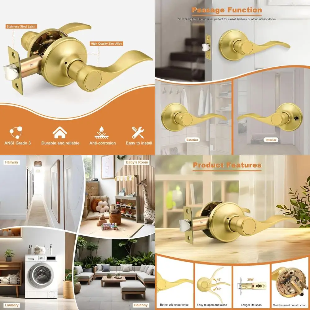 

5-Pack Gold Door Levers for Interior Passage, Suitable for Closets and Hallways