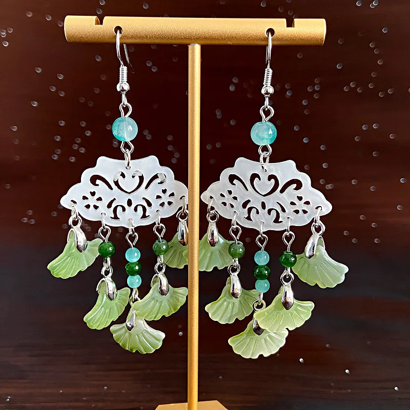 Chinese Style HanFu Accessories Fan-shaped Dangle Earrings For Female Green Leaf Tassel Drop Earrings Exquisite Jewelry Gift New