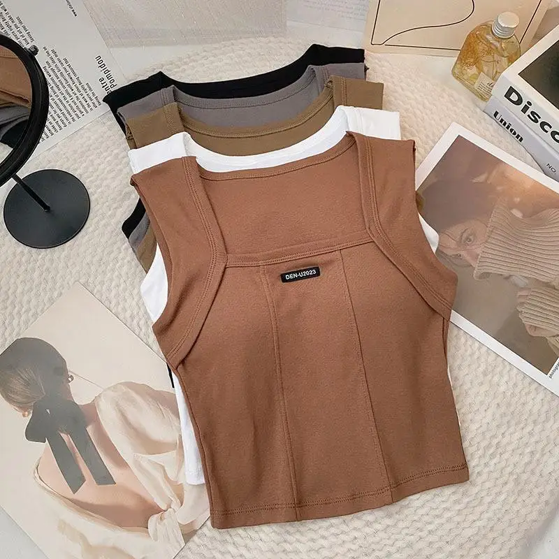 women Short tank tops slim fit chest pad beautiful back in summer versatile solid color square neck bottom top small tank top