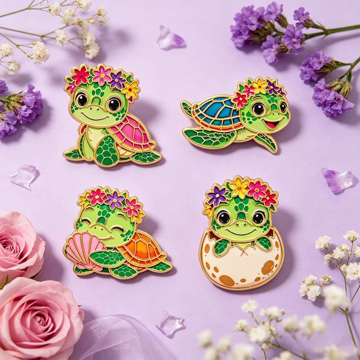 8 Stück/Set Blumen-Schildkröten-Emaille-Anstecknadeln, niedliche Meerestier-Broschen, Anstecknadeln, Abzeichen für Rucksack, Kostümzubehör, Schmuck, Geschenke – Detail 4