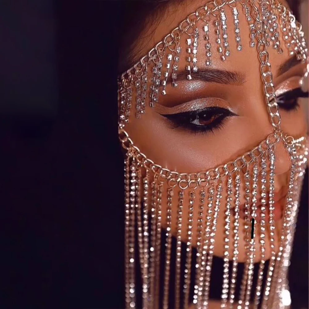 Stonefans הודי מלא ריינסטון ציצית פנים תכשיטי נשים נשף מסיבת מסכת שוליים מתכת סרט קישוט מסיבת רעלות כלה