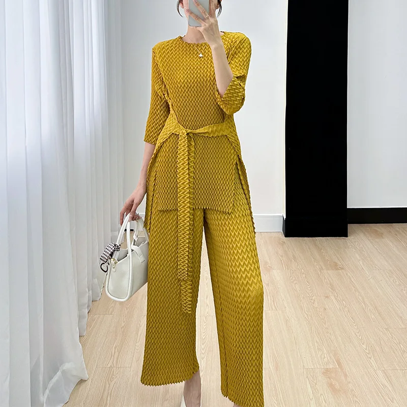 

Miyake Pleated Suit 2023 New Temperament Large Size Women's Solid Color Pants + Long-sleeved Top Two-piece Set