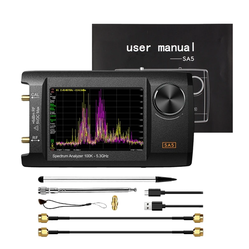 Retail Newest 4Inch IPS LCD SA5 Spectrum Analyzer Spectrum Anslyzer 100K-5.3Ghz Signal Generator Built-In 5000Mah Battery