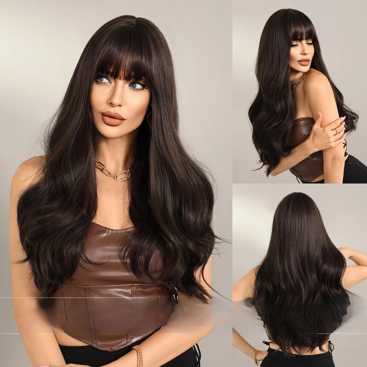 

Female long hair wig full head cover brown and black bangs big waves natural breathable fluffy chemical fiber wig
