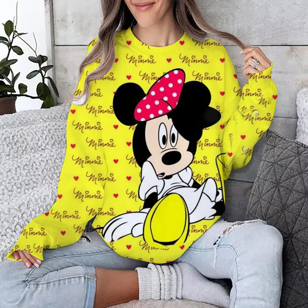 Casual Loose Graffiti Mickey Mouse Printed Long Sleeve Hoodies Women 2024 Spring Autumn Mid-Length Round Neck Sweatshirts Female