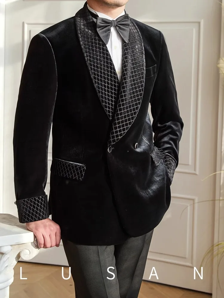 

Men's Velvet Suit Jacket - Autumn Winter Bohemian Green Fruit Neck Banquet Blazer