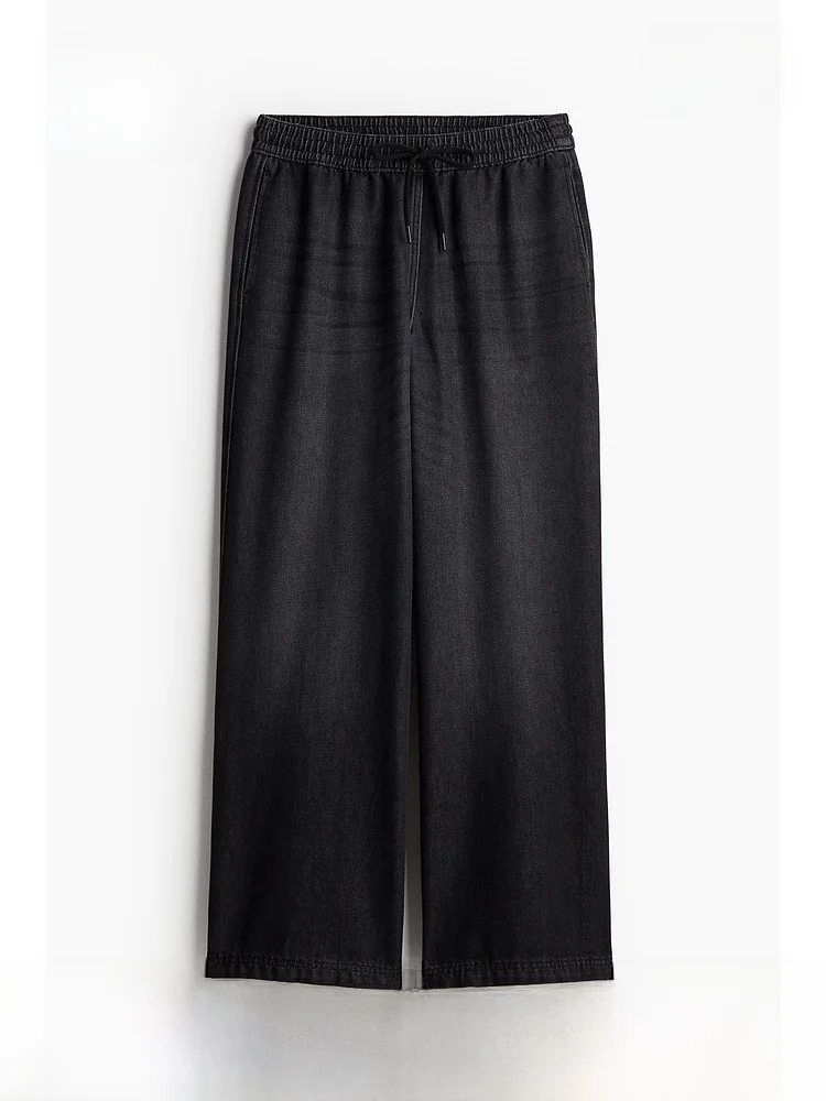 

H&M Women's Wide Leg Denim Jeans Soft Waed Comfortable Elastic Waist Simple Long Trousers Ladies Faion Cotton Polyester B...
