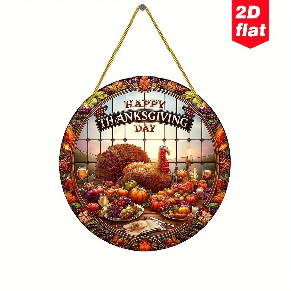 

Акриловая картина в стиле витражей: Праздничный ужин с индейкой ко Дню благодарения, тыквами, осенними листьями и урожаем, круглая, с декоративным узором