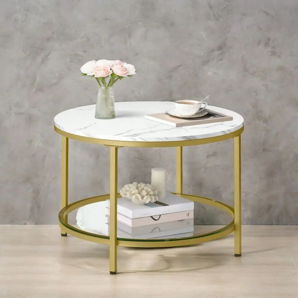 

Round Coffee Table, Small Coffee Table With Faux Marble Top And Glass Storage Shelf, 2Tier Circle Coffee Table, Modern Center T