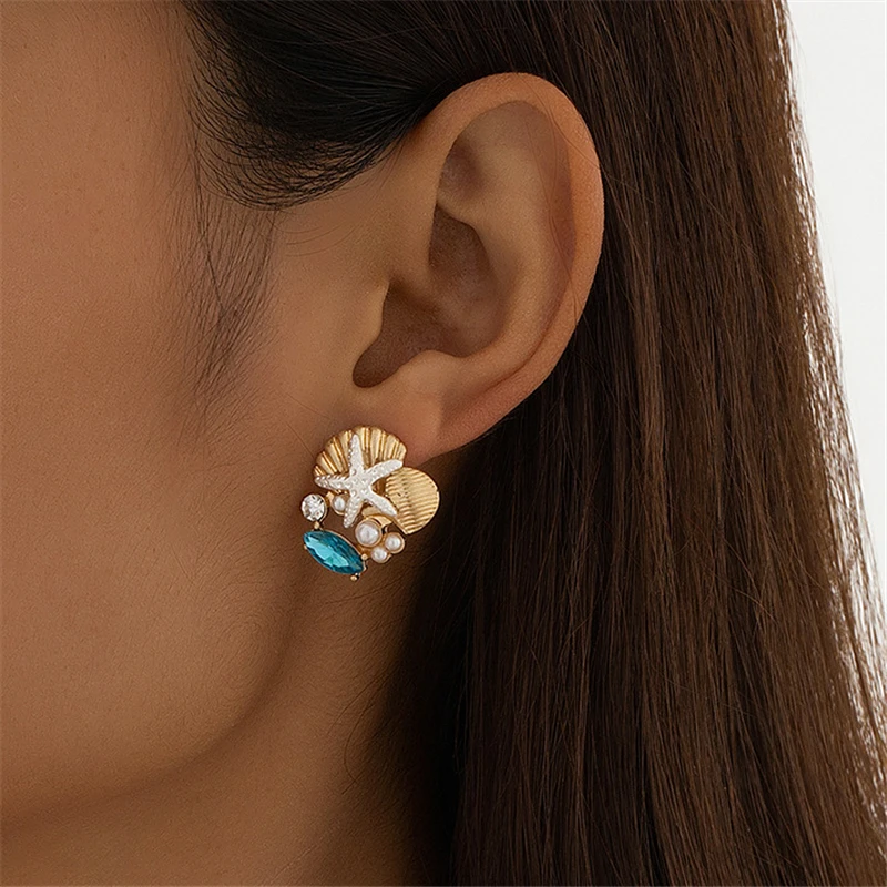 Starfish earrings metal shell imitation pearls fashionable simple retro good-looking earrings suitable for ladies to wear daily