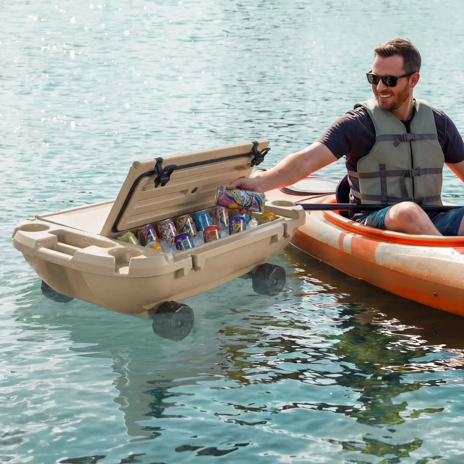 

Плавающий охладитель, 40-литровый плавающий контейнер для льда с сухим отсеком для хранения, колесами и буксировочным тросом, премиальный амфибийный охладитель для напитков из LLDPE для воды