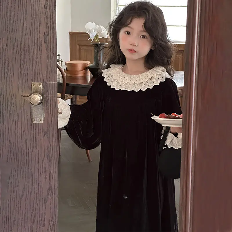 

Girls' 2025 New Arrival Autumn Winter Luxe Velvet Long Sleeve Chic Princess Dress for Toddler To Big Kid 4-12 Years Old