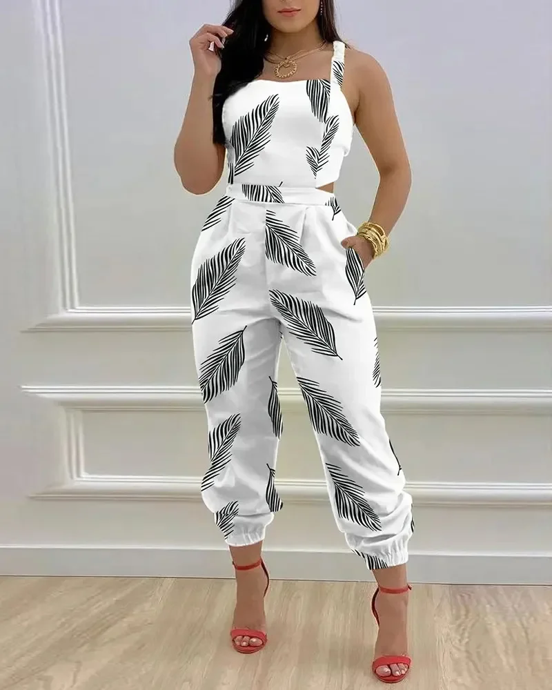 Women Printed Letter Jumpsuits Sleeveless V Neck Suspenders Backless High Waist Trousers Overall Rompers Pockets Autumn