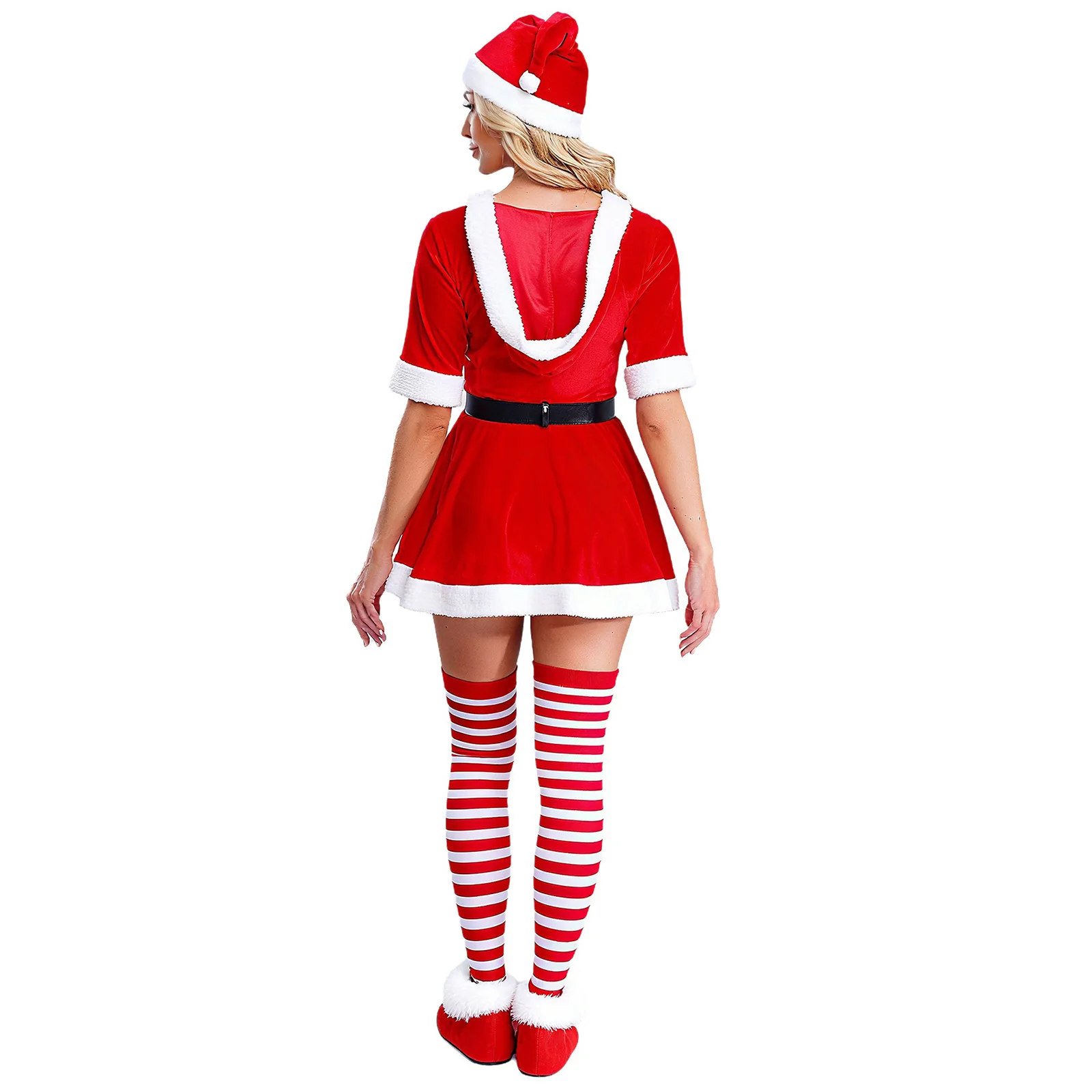 Women Mrs Santa Claus Outfits Open Front Long Sleeve Robe+Waist Belt+Striped Stockings+Hat+Gloves 5-piece Christmas Xmas Costume