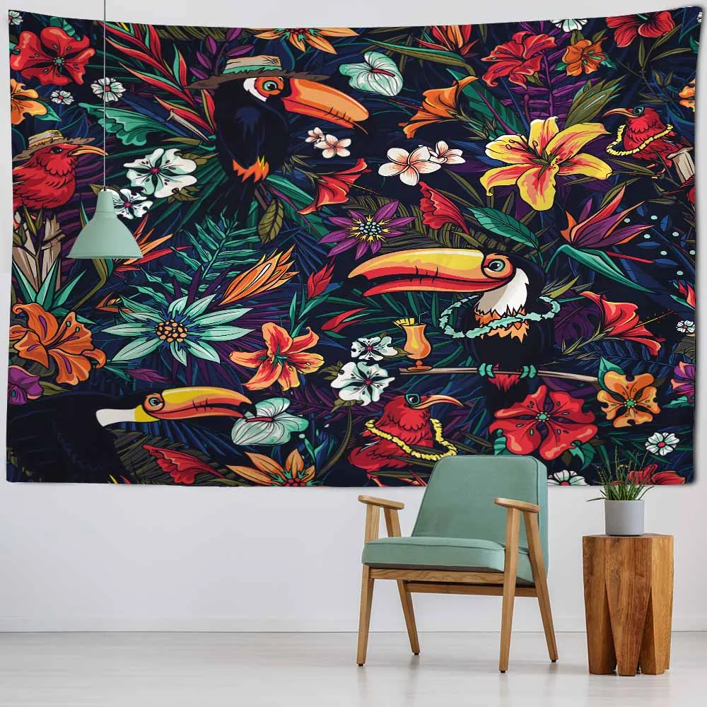 

Tropical plants flowers and birds tapestry wall hanging mandala boho decorative background lace hippie witchcraft hanging cloth