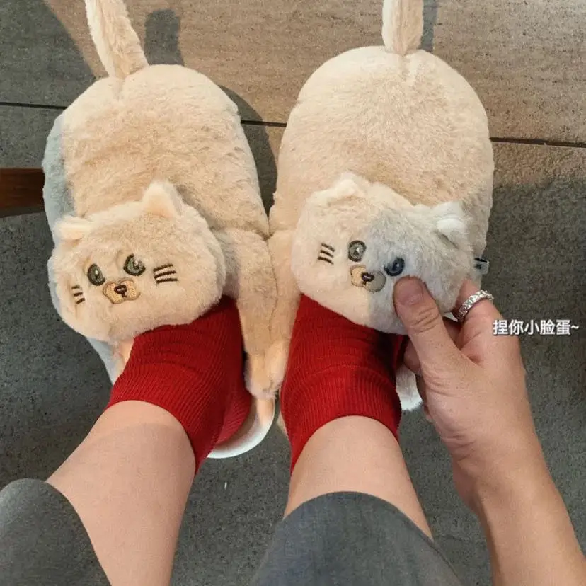 Funny New In Slippers Cat Be At Home Footsie Fur Slides Women Kawaii Cats Kitty Slipper Christmas Indoor Shoes Big Size 43 44