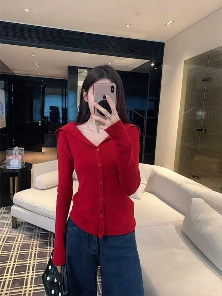 

Red V-Ne Knitted Open Cardigan Women's Inner Wear Slim Fit Turn-down Collar Casual Sle Long Sve Knitwear for Commuting