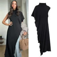 Top de Mujer, Primavera 2026, Nuevo Estilo, Negro, Manga Corta, Cuello Alto, Asimétrico, Plisado, Decorativo, Elegante y con Estilo