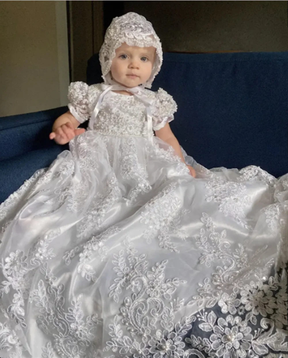 

Lace Christening Gown for Baby Short Sleeve First Communion Dress Infant Toddler Girls Baptism Dresses With Bonnet